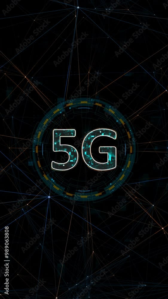 Poster motion graphic of blue digital 5g letter logo with circle futuristic hud elements and orange line co