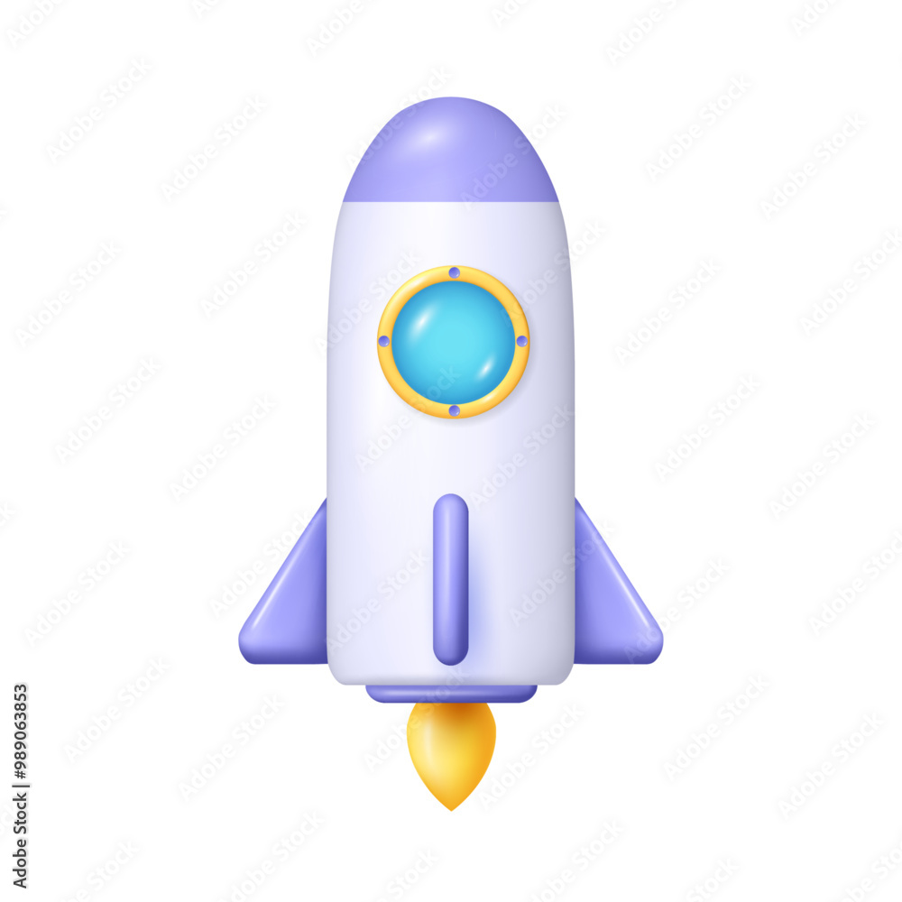 Aufkleber Startup idea lunching project. Vector isolated icon of 3d rocket with flames. Technology advancement. Shuttle taking off or landing. Discovering universe and space, futuristic and progress