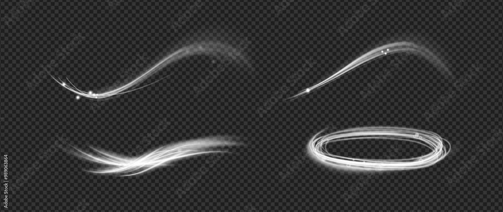 Poster Wind blowing speed and blur effect. Vector isolated set of air circulation and flow, vortex or tornado. Shiny sparks of spiral wave. Dynamic lines or rays with particles. Dynamic funnel