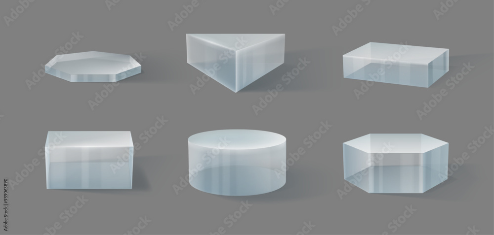 Poster Empty crystal pedestal platform for product showcase or presentation. Vector isolated set of realistic glass or plastic geometric shapes for goods stand. Square and hexagon, circle and triangle