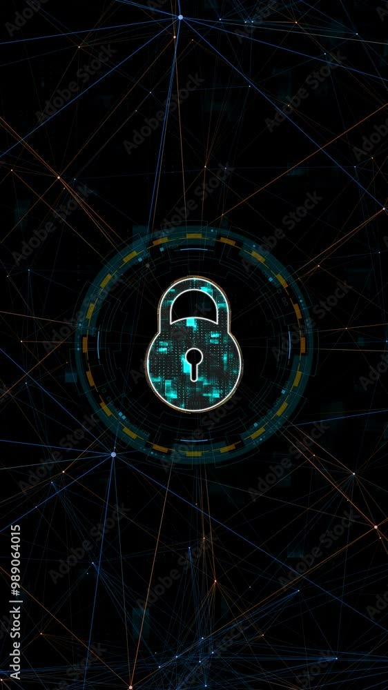 Poster motion graphic of blue digital security key logo with circle futuristic hud elements and orange line