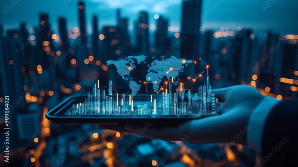 Aufkleber hand holding smartphone displaying a digital world map and data visualization over a city skyline at