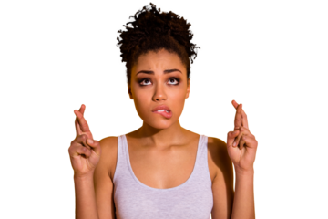 Close up photo beautiful she her dark skin model lady look up empty space not smiling asking win winner victory lottery good best result fingers crossed wear casual tank-top isolated yellow background