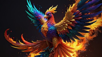 Fototapeta premium Colorful tropical parrot illustration with red and yellow feathers, perched on a green floral branch