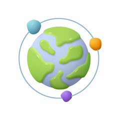 Planet with ring around and orbiting mini planets, fantasy globe. Vector illustration of Saturn, Jupiter, Uranus, Neptune. 3d icon. Cartoon minimal kids toy of solar system sphere © Sensvector