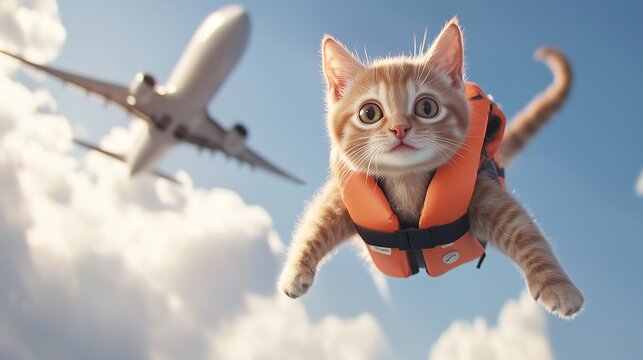 A chubby cat wearing a life jacket, mid-air as it jumps from an airplane. The scene should capture the moment of freefall, with the airplane in the background and the sky filled with clouds.