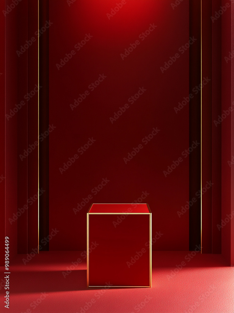 Poster red background, empty product display podium on red floor with dark maroon background. simple and cl