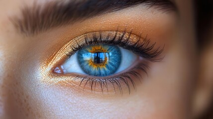 Obraz premium extreme closeup of mesmerizing female eye intricate iris detail long lashes subtle natural makeup soft diffused lighting enhances depth and color