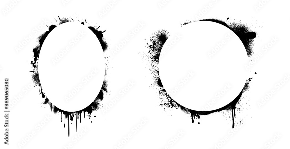 Poster Circular frames set with rough texture, isolated spray splatter collection of framework. Vector abstract round and oval grungy borders. Paint ink halftone stain, noise effect paintbrush. Grunge splash