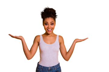 Close up photo cute funny beautiful she her dark skin lady toothy summer sale discount low prices arms recommend advising buy buyer best one wear casual jeans denim tank-top isolated yellow background