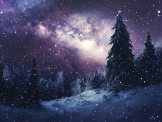 Naklejka premium Winter Night Snowfall under the Starry Sky