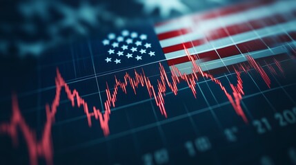 Fototapeta premium Stock market graph overlaid on American flag background illustrating economic trends and developments in the financial sector