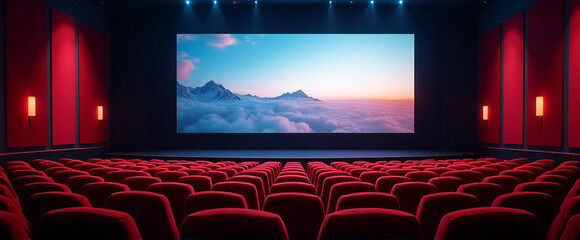 Screen of a movie theater seen from directly in front without people, Subjective view from a seat