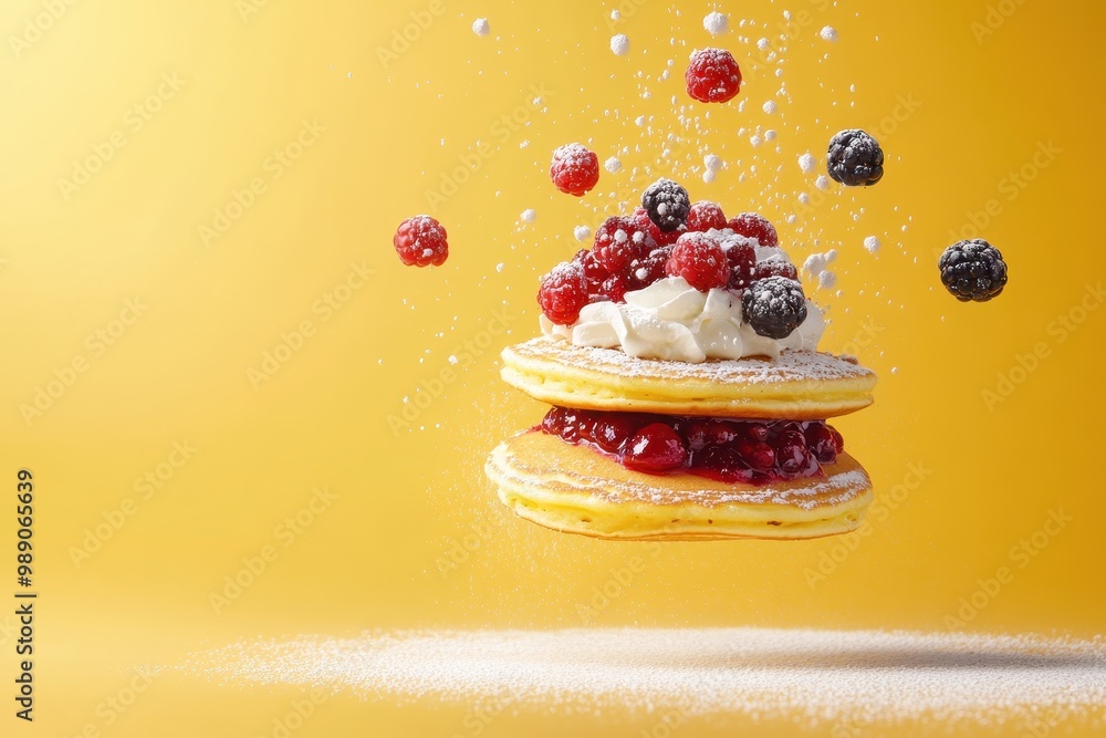 Wall mural a stack of pancakes topped with berries and cream, suspended against a bright background.