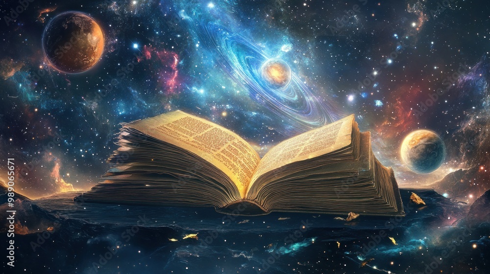 Poster an open book in a cosmic setting, symbolizing knowledge and exploration of the universe.