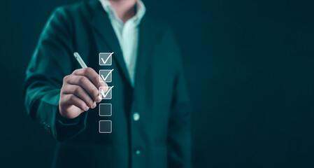 Business Performance Checklist Businessman Using Laptop Doing Online Checklist Survey Filling Out...