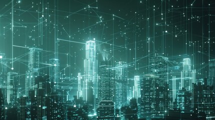 Obraz premium Futuristic cityscape with digital connections and glowing lines.