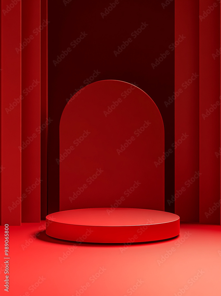 Poster red background, empty product display podium on red floor with dark maroon background. simple and cl