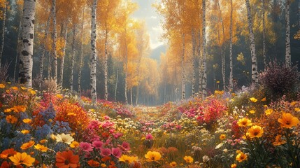 Obraz premium fantastical forest panorama seamless blend of seasons featuring autumnal pine trees alongside vibrant summer wildflowers dreamy surreal landscape with impossibly lush and diverse flora