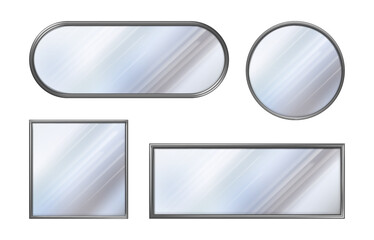 Realistic mirrors set. Vector round and square, ellipse and rectangle reflective glass surface with wooden or metallic frames. Design for interior wall furniture, home decor collection