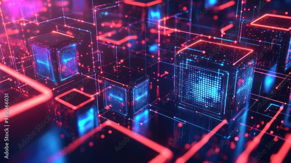 Poster abstract digital landscape featuring glowing blocks and interconnected lines.