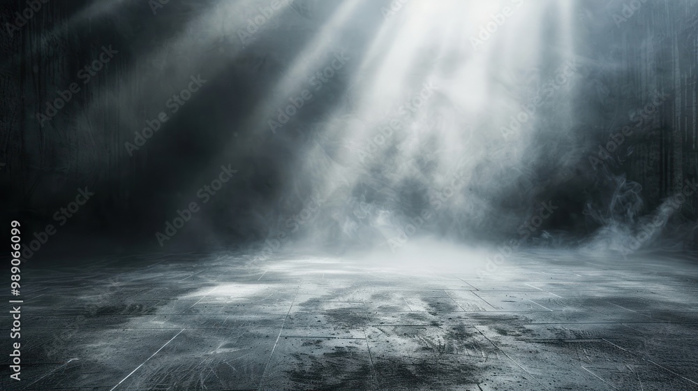 Poster a dimly lit space with beams of light and mist, creating an atmospheric scene.