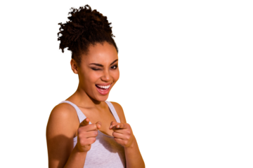 Close up photo beautiful attractive she her dark skin model lady wink one eye excited I pick select want wish you summer weekend vacation pretender wear casual tank-top isolated yellow background