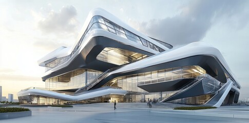 Futuristic Modern Architecture with Curved Glass Facade and Stairways