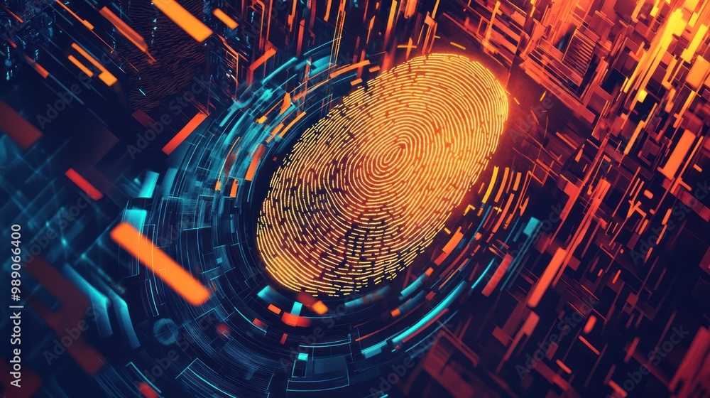 Poster abstract digital fingerprint with vibrant colors and data elements, symbolizing identity security.