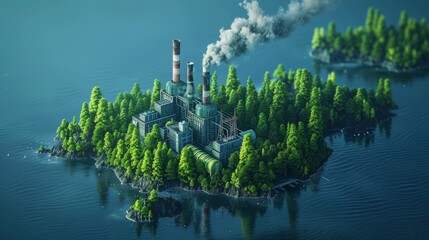 Fototapeta premium Industrial power plant surrounded by lush greenery on an island