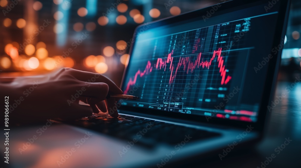 Poster analyzing stock market trends on a laptop with financial graphs and data during evening hours in a m
