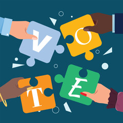 Puzzle pieces held by diverse hands spell Vote, promoting collective electoral participation