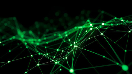 Digital technology futuristic internet network connection dark black background, green abstract cyber information communication, Ai big data science, innovation future tech line illustration