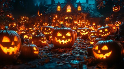 Fototapeta premium Halloween Jack O Lanterns In Front Of A Haunted House