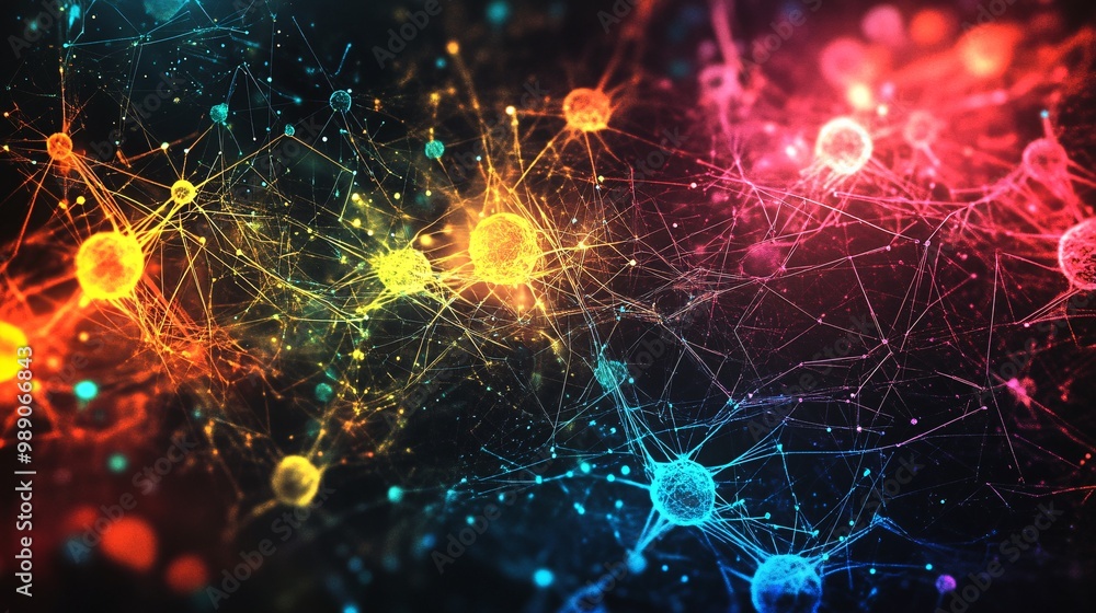 Poster abstract neural network connection colorful glowing synapses brain activity ai digital art