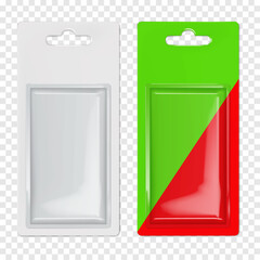 Hanging cardboard and clear plastic rectangle blister box. Realistic 3d vector mock-up. Blank rectangular individual sleeve packaging with euro hole hanger. Mockup. Easy to edit. Template for design