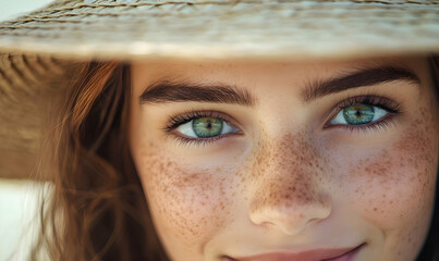 Portrait of beautiful woman hiding behind a straw hat at beach