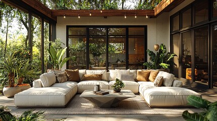Fototapeta premium Modern Patio Design with Sectional Sofa Plants and String Lights