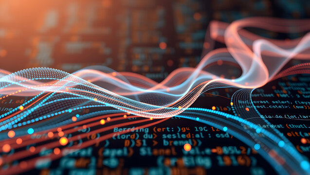 Stream digitization, program code field, big data stream, secure data, machine programming. 3d illustration of strings of digital innovation wavy flow
