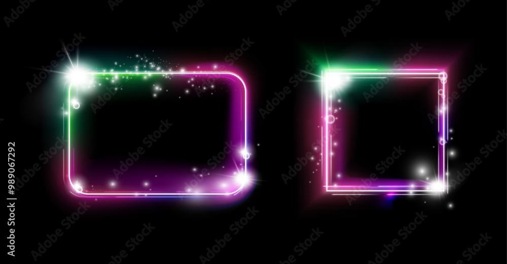 Poster Shining magic neon frames with glowing and shining effect. Vector isolated set of borders, square and rectangular geometric shape with copy space. Modern typography graphics, advertisement