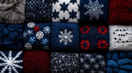 Winter Textures  Blue  Red and White Fabric with Snowflake Patterns