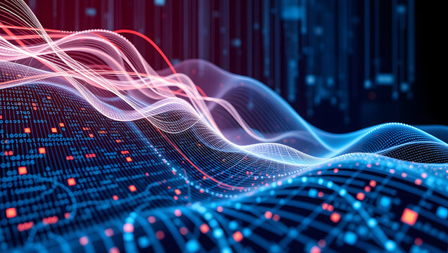 Stream digitization, program code field, big data stream, secure data, machine programming. 3d illustration of strings of digital innovation wavy flow