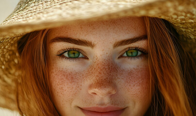 Portrait of beautiful woman hiding behind a straw hat at beach