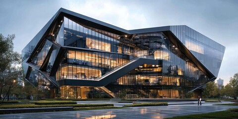 Fototapeta premium Modern Glass and Steel Office Building with Geometric Facade