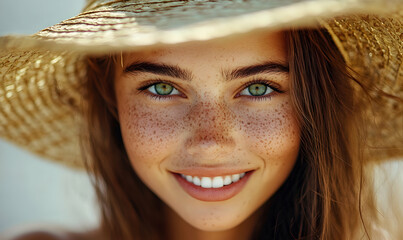 Portrait of beautiful woman hiding behind a straw hat at beach