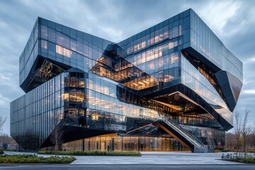 Modern Glass Facade Office Building at Dusk