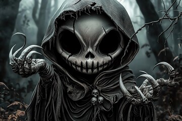 Naklejka premium Grim Reaper in enchanted evil forest. Magical eerie ambience. Ai Generative