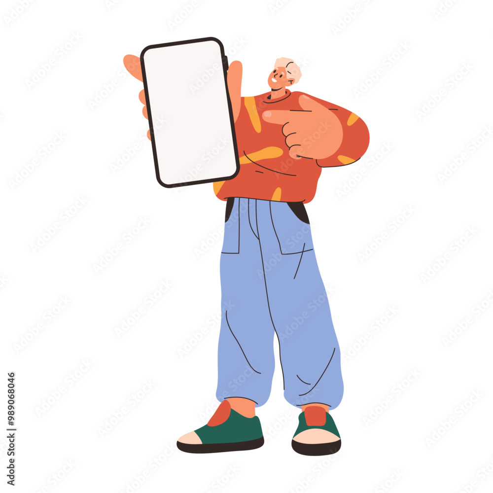 Poster man pointing at smartphone with empty screen, flat cartoon vector illustration. isolated teenager wi