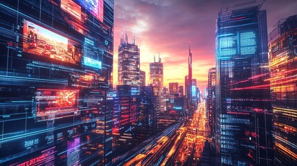 Futuristic Cityscape with Digital Interface and Neon Lights