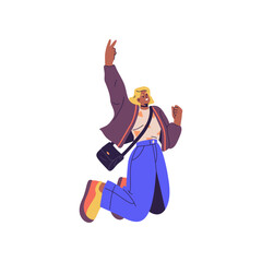 Teenage girl wearing stylish modern clothes and accessories, flat cartoon vector illustration. Isolated jumping woman in jacket and trousers, with cross body bag and massive footwear
